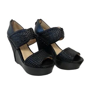 House of Harlow 1960 Eden‎ Woven Detail Platform Holiday Chic Wedge Heels Black